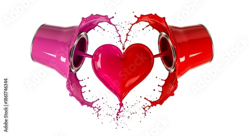Paint cans pouring red and pink liquid forming a heart shape on white background