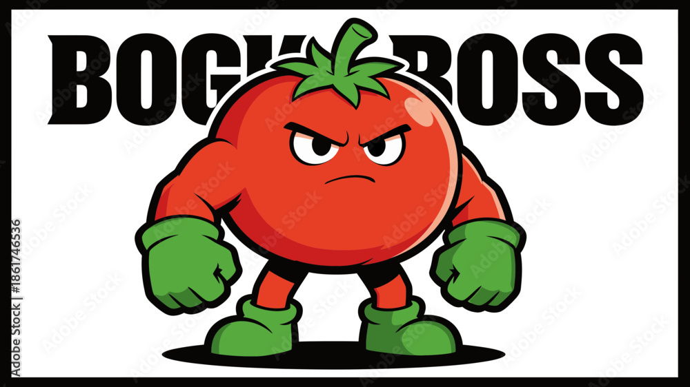 Obraz premium Angry muscular tomato cartoon character with green gloves and boots.
