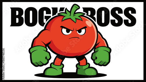 Angry muscular tomato cartoon character with green gloves and boots.