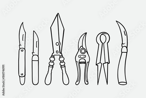 Gardening tools outline icon set. Garden hand tool line art symbol pack. Pruning, Knives, Hedge shear, Divider, Sickle knife, Horticulture. Vector illustration.
