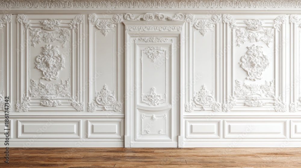 Obraz premium Elegant White Rococo Wall Panel Door With Ornate Plasterwork And Hardwood Floor