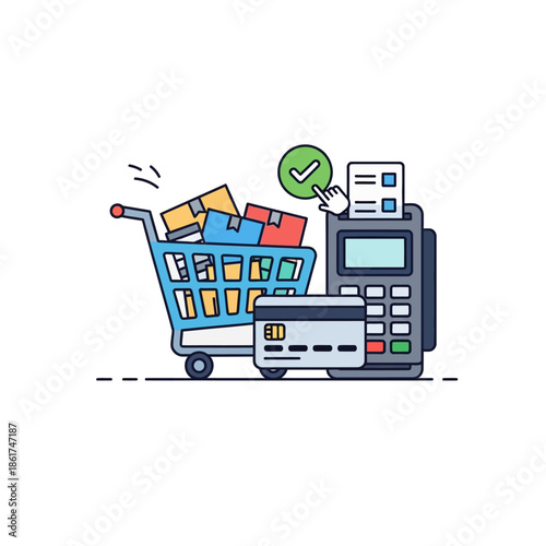 Online shopping cart with credit card and payment terminal, conveying successful transaction and digital commerce