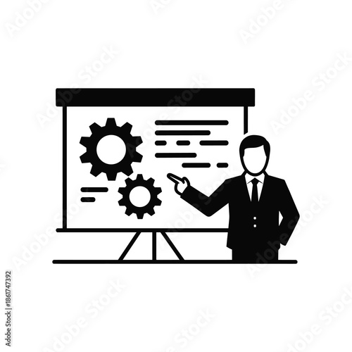 Business man presentation with gears and charts on whiteboard, concept of strategy and success in finance and technology, vector illustration on white background