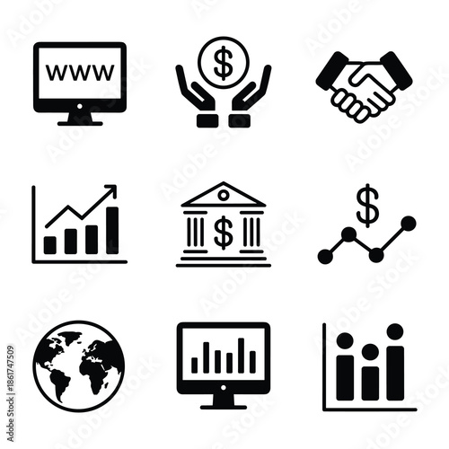 Financial and corporate business glyph icons including internet monitor money hands handshake growth chart bank building global trade statistics and digital marketing analytics for presentation