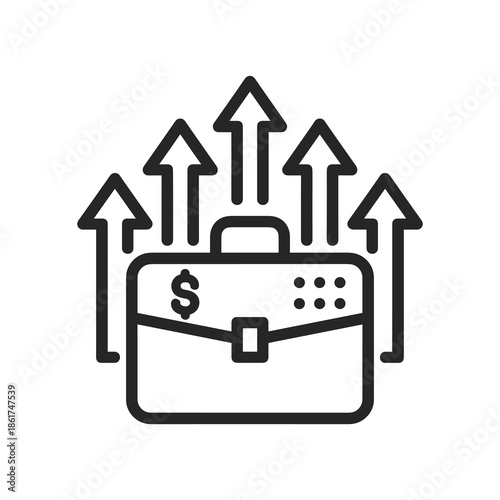 Financial business briefcase with dollar sign and several upward pointing arrows signifying monetary profit increase investment return and career advancement
