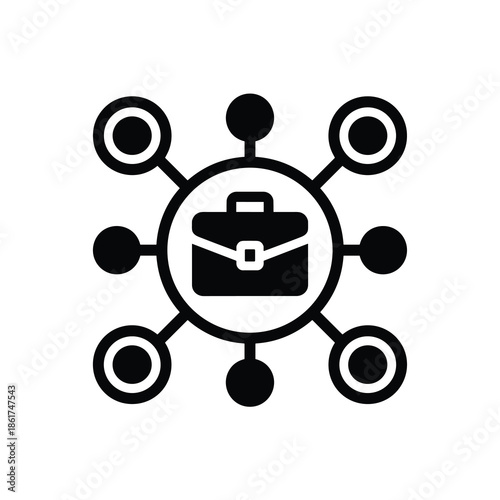 Business connection network icon representing professional collaboration and central corporate portfolio strategy with surrounding relationship elements