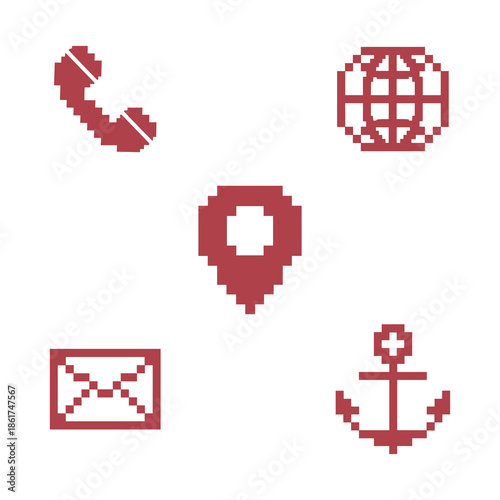 Pixel art style set of five maroon contact icons including telephone receiver globe location pin envelope and anchor representing navigation communication and support