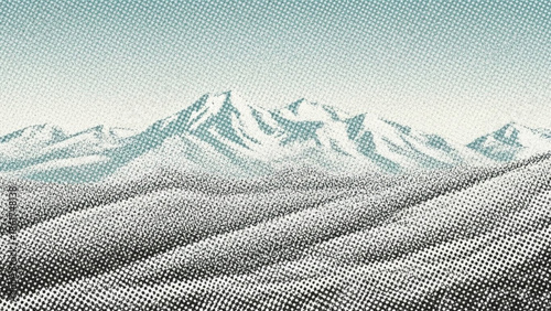 Snowy mountain range landscape with rolling hills and blue sky in a halftone style illustration