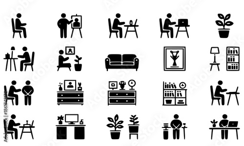 Set of Black Silhouette Icons Depicting People Working from Home, Remote Office Activities, Home Workspace, Video Calls, Desk Setup and Work-Life Balance Scenes, Vector Icon Pack for Telecommuting