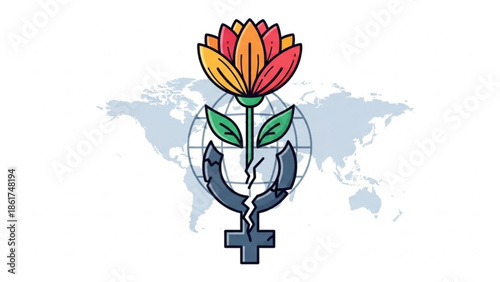 Vibrant lotus flower growing from gender equality symbol on globe background