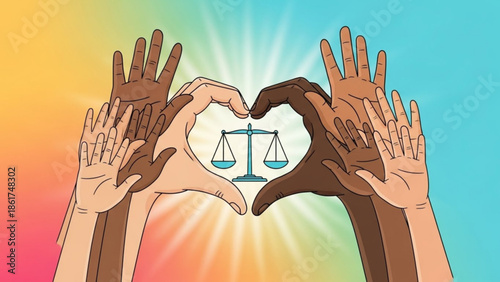 Diverse hands forming heart shape with scales of justice symbol inside, equality, justice, and unity concept, colorful background