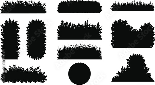 Black bush and grass silhouettes collection, garden hedge shapes set, natural foliage design elements isolated on white background for landscaping