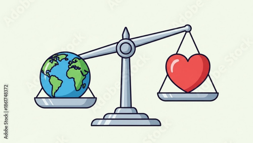 Balance scale weighing earth against heart symbolizing global love and harmony in a simple illustration