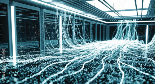 High speed data transfer concept with glowing fiber optic lines running through a modern server room