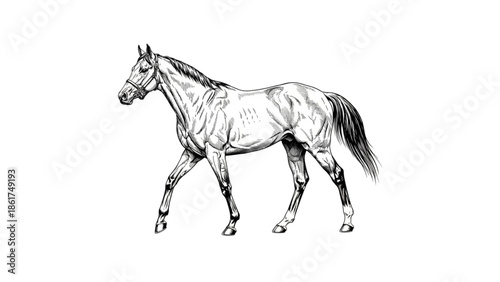 Black and White Thoroughbred Horse Illustration – Athletic Line Art