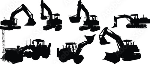 Construction machinery silhouettes set, excavator bulldozer loader equipment, heavy industrial vehicles illustration, black vector icons isolated white background