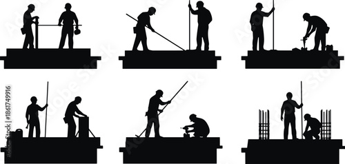 Construction workers silhouette set building foundation teamwork labor industry illustration isolated on white background contractor engineering work process concept