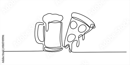A simple continuous line drawing of a frothy beer mug and a slice of pizza Vector, illustration