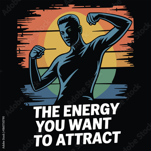 Person flexing arms with sunset background and motivational text