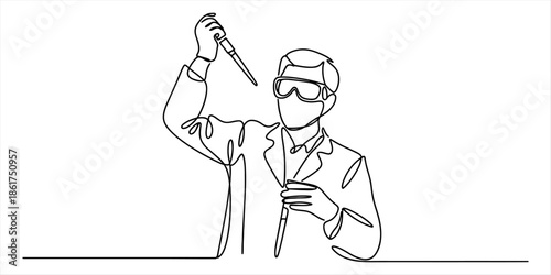 Scientist in lab coat and goggles holding a pipette Vector, illustration