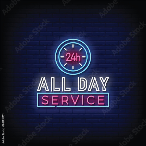 all day service neon signboard with brick wall background vector