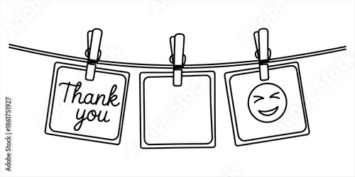 A simple line art illustration showing a thank you note and a smiley emoji hanging on a string Vector, illustration