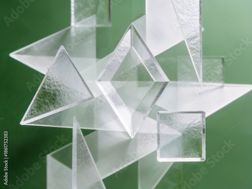 transparent geometric forms interacting with light on a green background