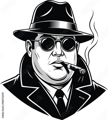 Monochrome vector portrait of a mysterious noir gangster in a fedora and sunglasses smoking a cigar.