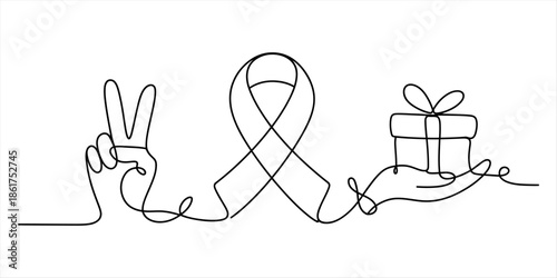 Continuous line drawing of peace sign, awareness ribbon, and hand with gift box for support Vector, illustration