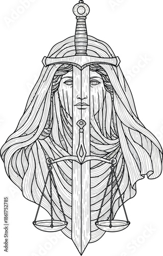 Stylized line art of Lady Justice her face bisected by a sword with balanced scales.