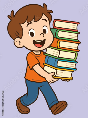 Cartoon illustration of a happy school child carrying a stack of books.