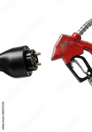 A modern black electric vehicle plug confronting a vintage red gasoline nozzle on a white background with copy space, concept of energy transition