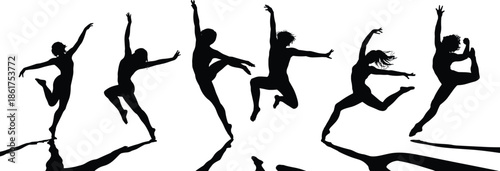 Dancer silhouettes performing expressive jumps modern ballet choreography illustration isolated on white background artistic movement energy vector art design