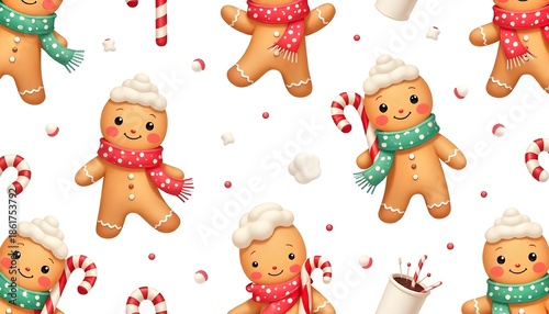 Kawaii Gingerbread Men Seamless Pattern – Pastel Candy Canes & Hot Chocolate on White