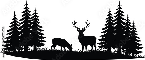 Deer silhouette forest wildlife landscape nature illustration isolated on white background woodland animals pine trees vector scenery art design collection