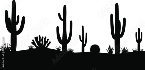 Desert cactus landscape silhouette, saguaro cacti plants, minimal black vector illustration, arid nature scenery, southwest desert background illustration