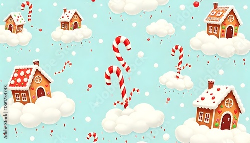 Fantasy Gingerbread House Pattern – Whipped Cream Clouds & Candy Christmas Elements