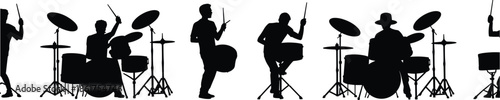 Drummer silhouettes playing drum set percussion music band performance, black vector icons isolated on white background illustration studio concert design