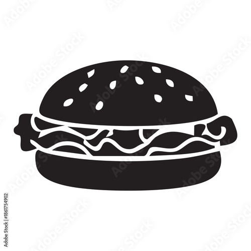 Black Silhouette Icon of a Hamburger with Sesame Seeds