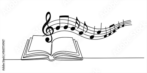 A continuous line drawing illustrating musical notes and a treble clef emerging from an open book Vector, illustration