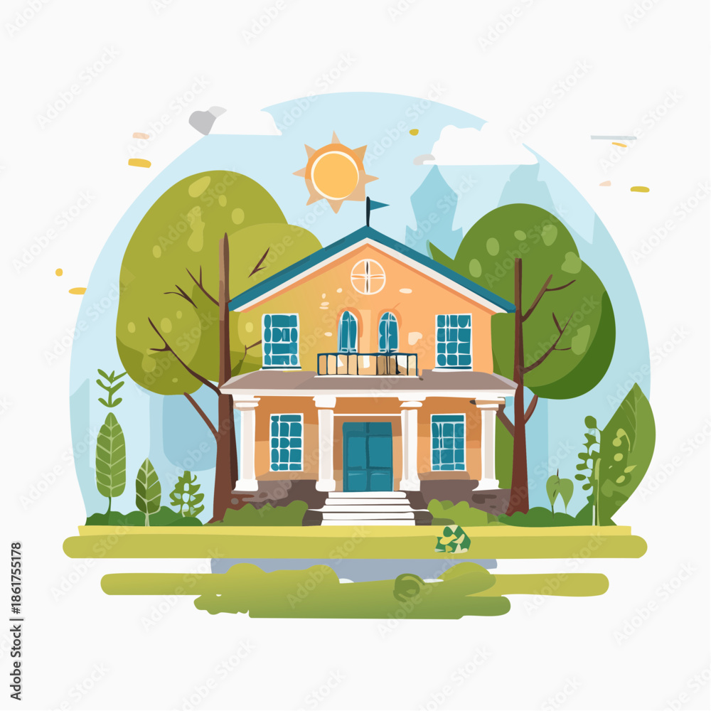 Naklejka premium Charming Yellow House Illustration Surrounded by Lush Green Trees and Blue Sky with a Bright Sun