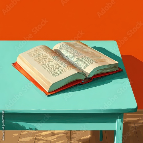 Open Book with Intricate Patterns on Pages Rests on a Teal Table Against Orange Wall