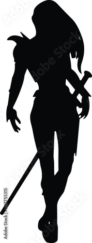 Female warrior silhouette, fantasy assassin character, sword illustration isolated on white background, dark hero action pose design concept art vector