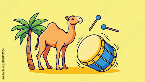 Cartoon Camel Palm Tree and Traditional Drum with Drumsticks Illustration.