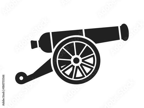 Black silhouette icon of a vintage cannon on wheels used in historical warfare