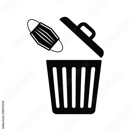 Black silhouette icon of a disposable face mask being discarded into a trash can