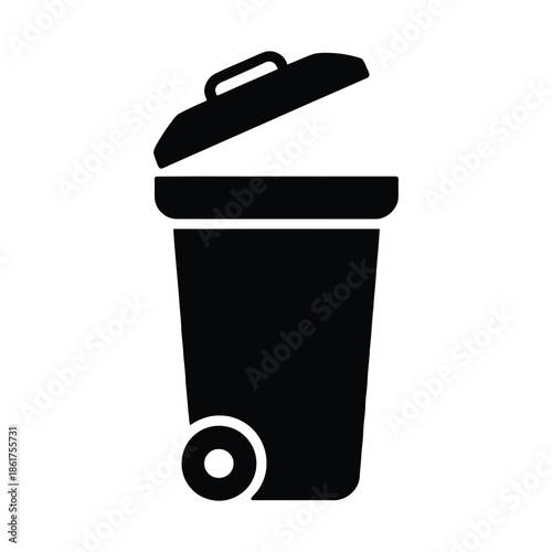 Minimalist black icon representing a garbage bin or trash can with wheels and an open lid