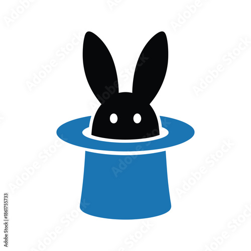 Black rabbit head with long ears popping out of a blue magician s top hat
