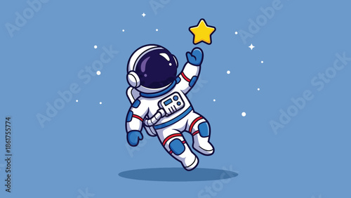 Cute cartoon astronaut floating in space reaching for a yellow star illustration.