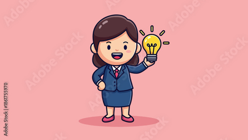 Cute cartoon businesswoman with a bright idea light bulb.